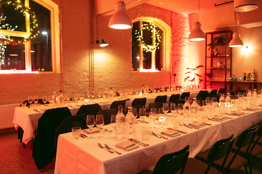 Chef's Kitchen in Tollbua's South Wing, set up for a festive dinner at Christmas time