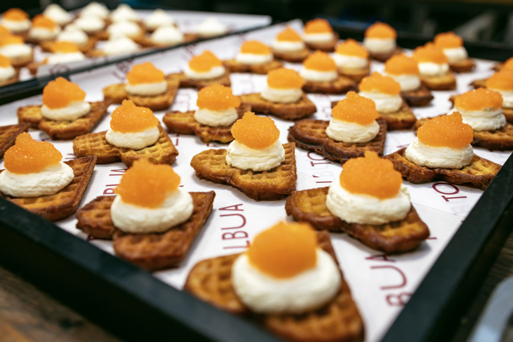 Tollbua snacks:  homemade waffle with ‘sikrogn’ (vendace roe) and dill-infused Røros sour cream.